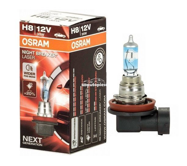 Bec auto halogen Osram H8 12V; 35W; night breaker laser; 800lm; cu pana 150% mai multa lumina; culoare temperatura 3900K; PGJ19-1; 64212NL, 1 buc