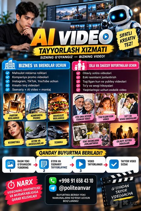 PROFESSIONAL AI VIDEO TAYYORLASH

Biznesingiz yoki oilangiz uchun z