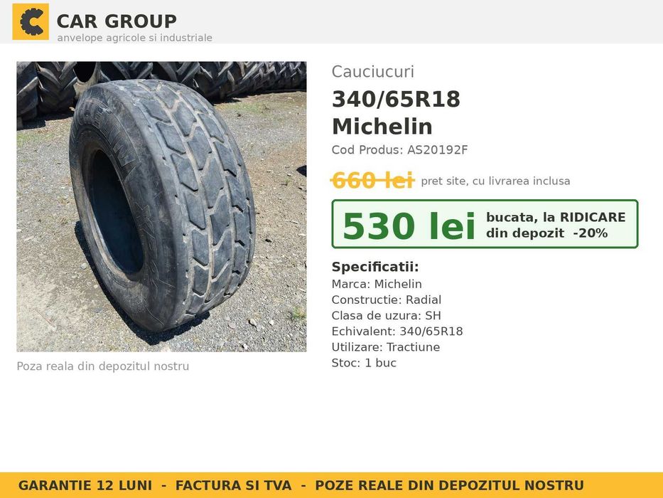 ANVELOPE 340/65R18 340 65 R18 3406518 Michelin Cauciucuri Remorca Cisterna Presa Baloti Imprastietoare Implement Flotatie SH Garantie 12 Luni Factura