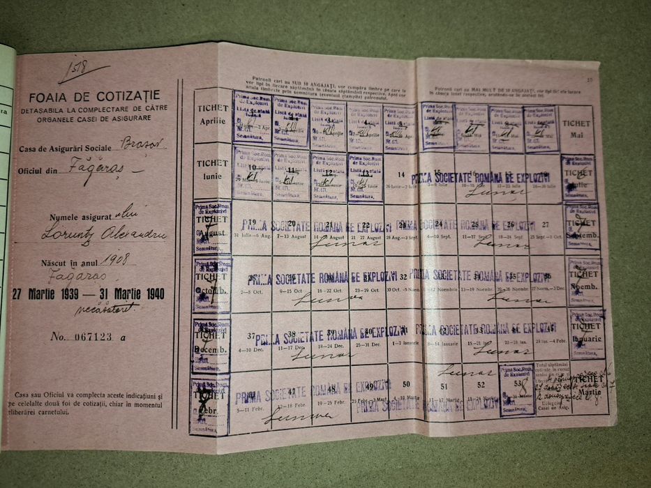 Carnet asigurari - Fabrica de explozivi Fagaras  1939