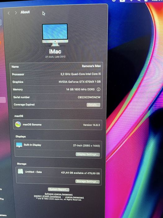 iMac Late 2012 i5 3.2 GHz GTX 675MX 1GB 27 inch