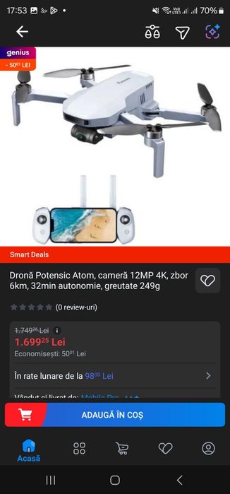 Dronă Potensic Atom Fly More Combo cameră 12MP 4K, zbor 6km, 32min aut