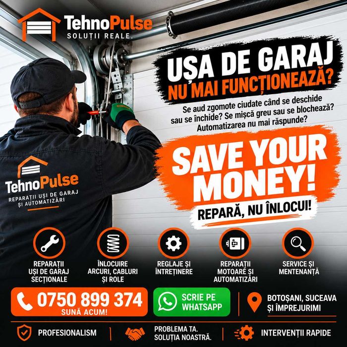 Întreținere și Reparații UȘI de GARAJ, Uși Secționale Industriale, Rulouri Metalice Grilaje, Uși Rapide, AUTOMATE, Bariere AUTO, Automatizări Porți