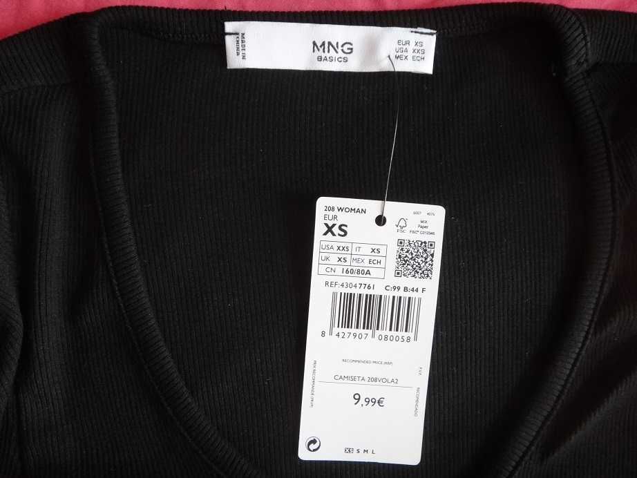 Mango нова черна рипсена блуза с къси набрани ръкави