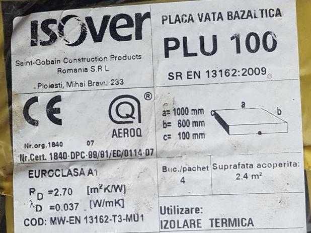 Vata minerala bazaltica 10cm, Isover Saint Gobain, PLU100. 2 baxuri.