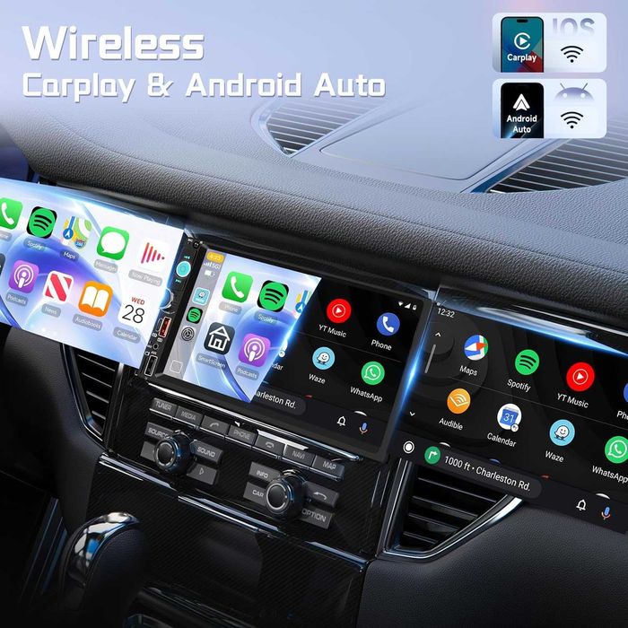 Rimoody Двудиново безжично Carplay/Android Auto автомобилно стерео, 7"