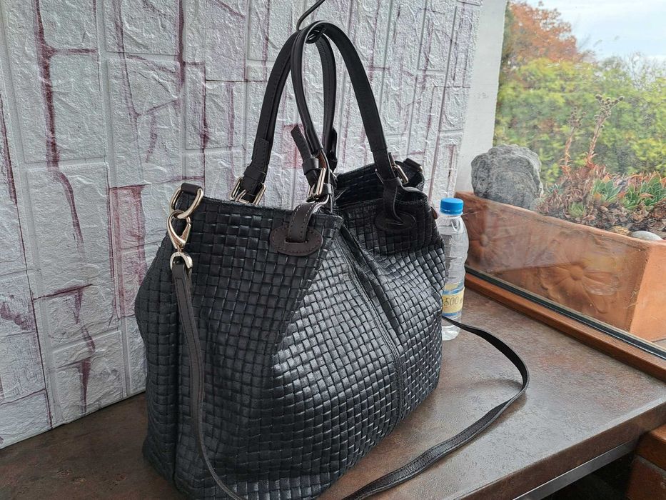 дамска чанта,Chiara Canotti,черна кожена торба-естествена кожа