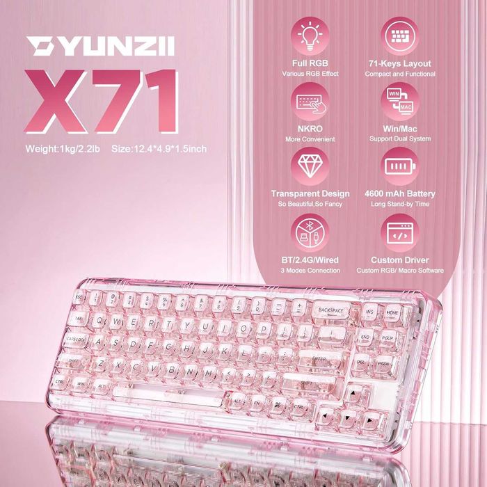 Механична клавиатура YUNZII X71 Безжична Прозрачна Розова