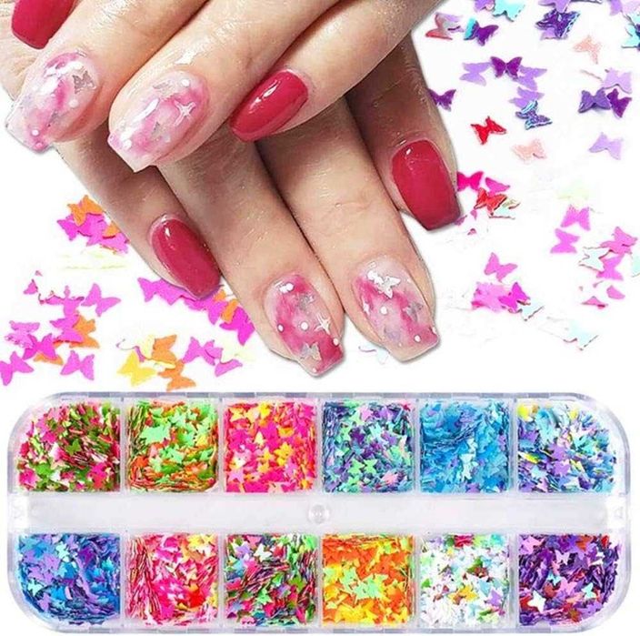 Set decor unghii fluturasi multicolor nail art 12 compartimente