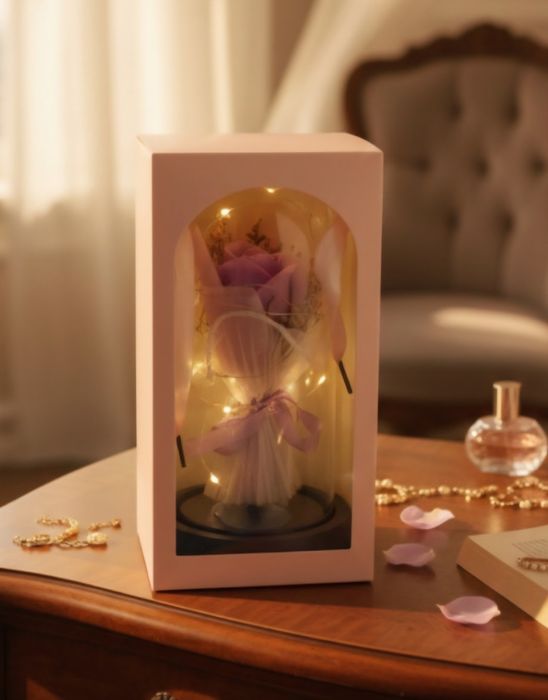 Роза в стъкленица с LED светлини – елегантен подарък