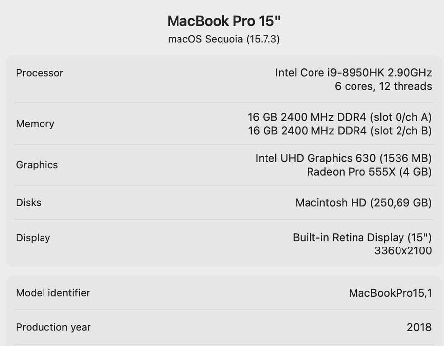 Apple MacBook Pro 15" 2018 (A1990), Intel Core i9, 32GB RAM, 256GB SSD