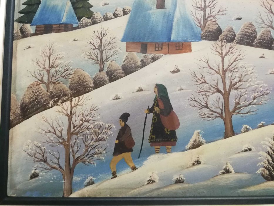 Tablou Arta Naiva Pictura Ulei pe Panza Petru Mihut Iarna 1985