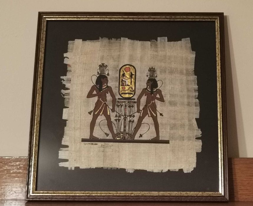 Picturi egiptene pe papyrus, realizate manual, semnate