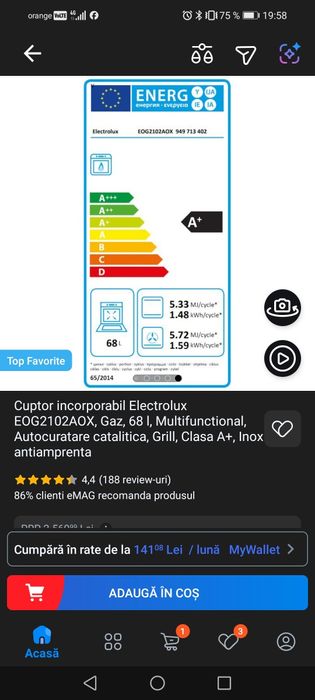 Cuptor incorporabil Electrolux EOG2102AOX, Gaz, 68 l, Multifunctiona
