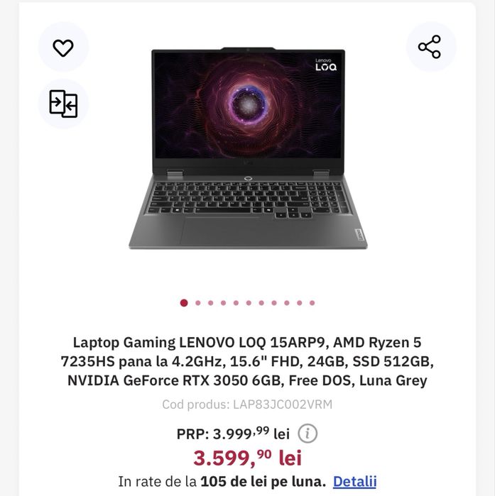 Lenovo LOQ 15.6" - Ca NOU (16 cicluri) - RTX 3050 6GB - 24GB RAM - Garanție Altex