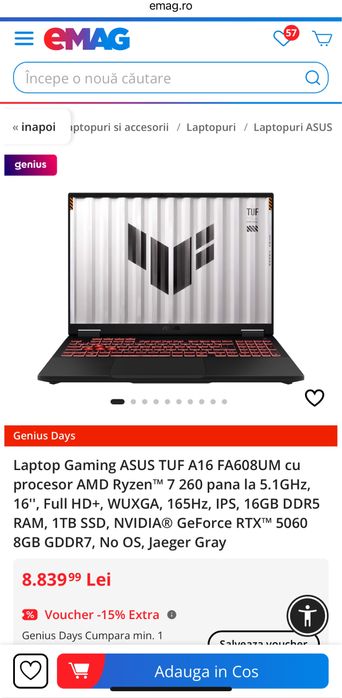 Laptop Gaming Asus Tuf A16 Ryzen 7 260 RTX 5060 Ram 32GB Nou
