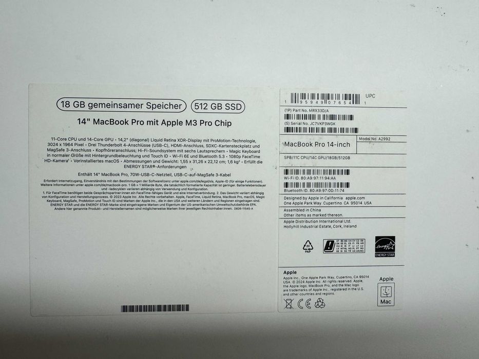 Apple MacBook Pro 14" M3 pro 11/ Core CPU/ 14-Core GPU/18GB RAM/ 512GB