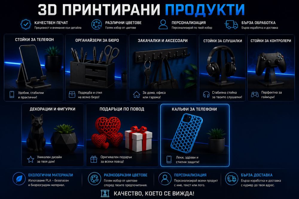 3d принтирани  фигурки ключодържатели органайзери за бюро поставка за телефон и много други.