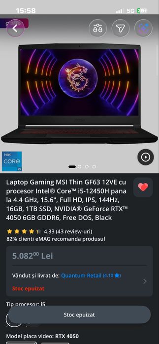 Vand laptop Laptop Gaming MSI Thin GF63 12VE