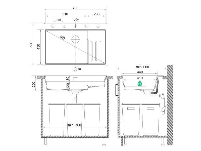 Сива кухненска мивка от гранит Осло 80 Max Multilevel 780 x 530 mm