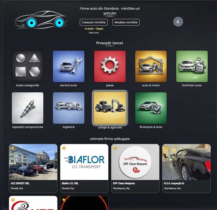 miniSite GRATIS pentru firme auto service vulcanizare detailing piese ITP chiptuning și alte 30 categorii. Fără cont Fără abonament gata în 5 min.