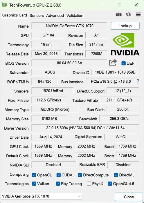 Placă Video ASUS GeForce GTX 1070, 8GB GDDR5 – Performanță și Fiabilitate