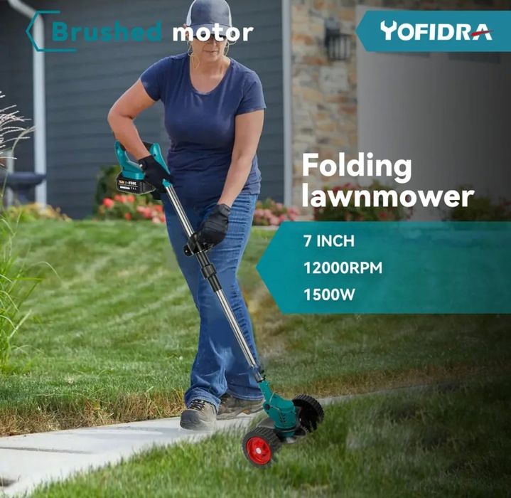 Акумулаторен тример за трева-храсторез с добавени колела и 2 батерии