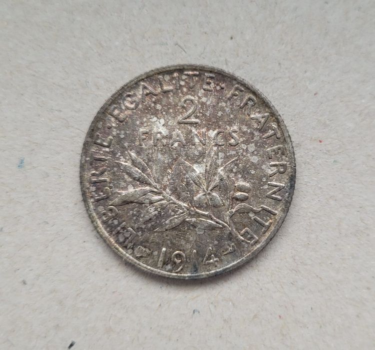 Monedă veche argint 2 Francs 1914 Franta.