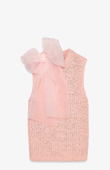 Нов трикотажен плетен топ с панделка от органза размер С на ZARA