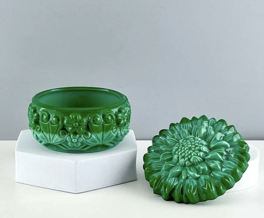 Винтажная Шкатулка Хризантема. Малахитовое стекло. Чехословакия.