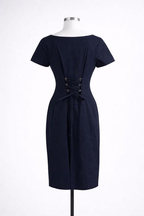 Rochie elegantă bleumarin, croială cambrată, detaliu corset – M/L