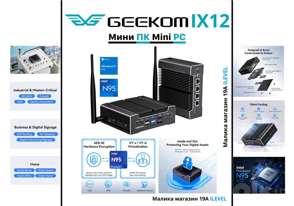 Промышленный МиниПк GEEKOM iX12 N95 8/256G VMware Proxmox VPN Firewall