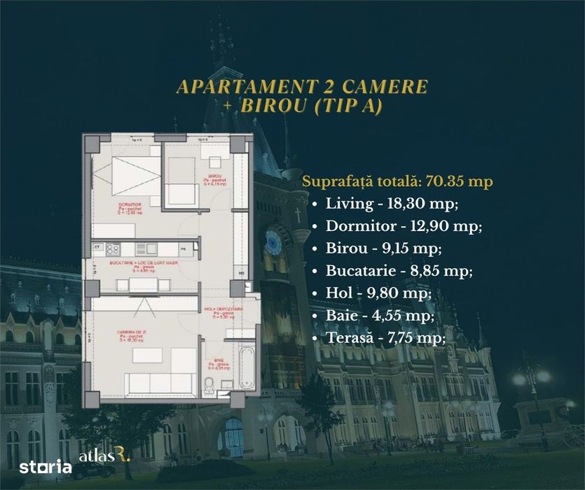 Apartament 2 camere + birou | 70,35 mp | Freya Home