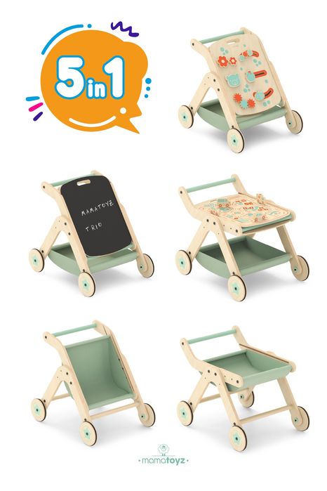 Дървена Проходилка,  активна маса и количка 5в1