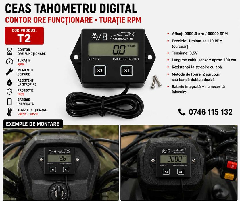 Turometru/Tahometru Pt Motor pe Benzina la Motocicleta ATV AUTO–T1–T2