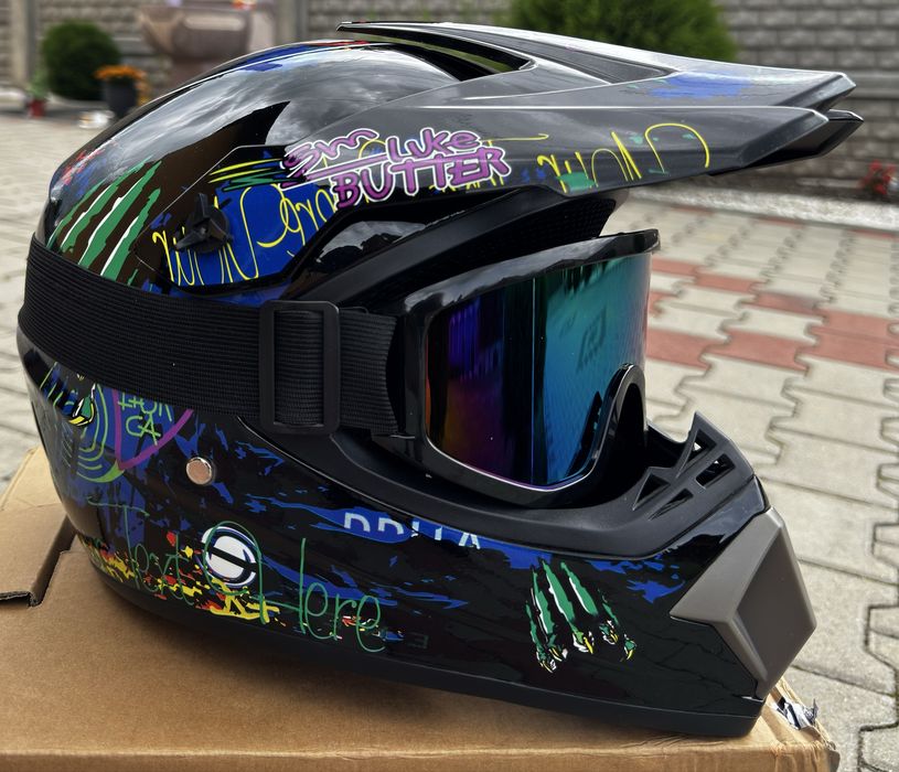 Set Cască Moto Cross/ATV M + Ochelari + Mănuși + Cagulă, Nou, Negru-Albastru Lucios