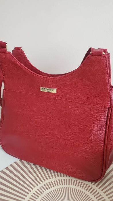 Червена кожена чанта+портмоне