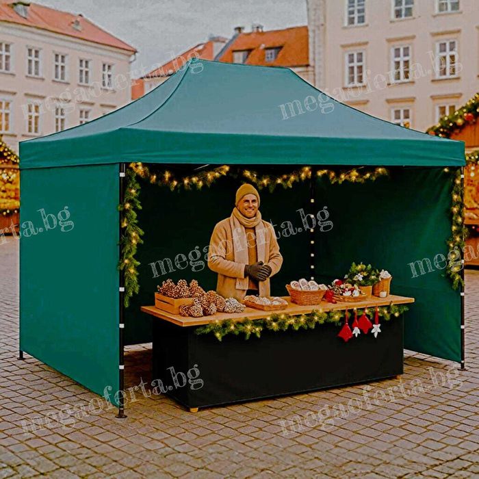 Градинска Шатра 3х4.50 – 23кг със Страници и Зелено Гумирано Покривало