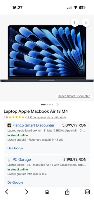 Laptop Apple MacBook Air 13 Apple M4, 16GB RAM, 256GB, space black Nou