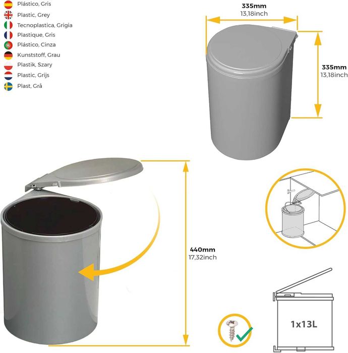 Emuca - Cos de gunoi pentru usa de dulap , 13 l