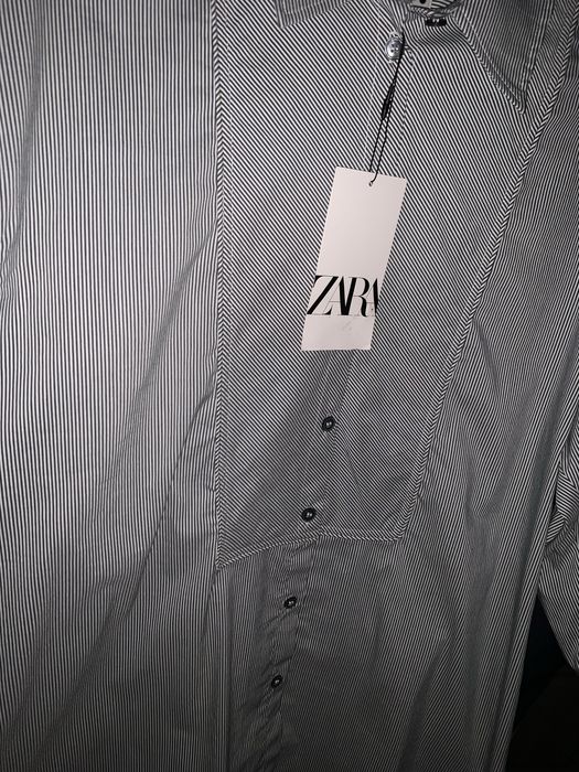 Рубашка ZARA оригинал полосатая в бело зеленый цвет хлопок