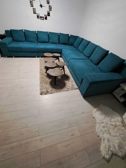 Canapea stofă turcoaz 6 locuri, 350 cm × 350 cm × 120 cm