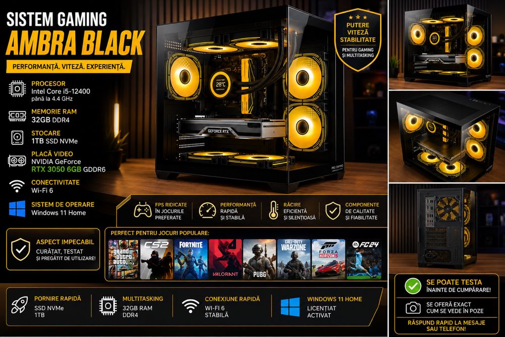 Sistem Desktop Pc Gaming Ambra Black Intel Core I5 12400 pana la 4.4Ghz, 32GB RAM DDR4, 1TB SSD, Placa Video RTX 3050 6GB, GDDR6, Wi-Fi 6, Windows 11