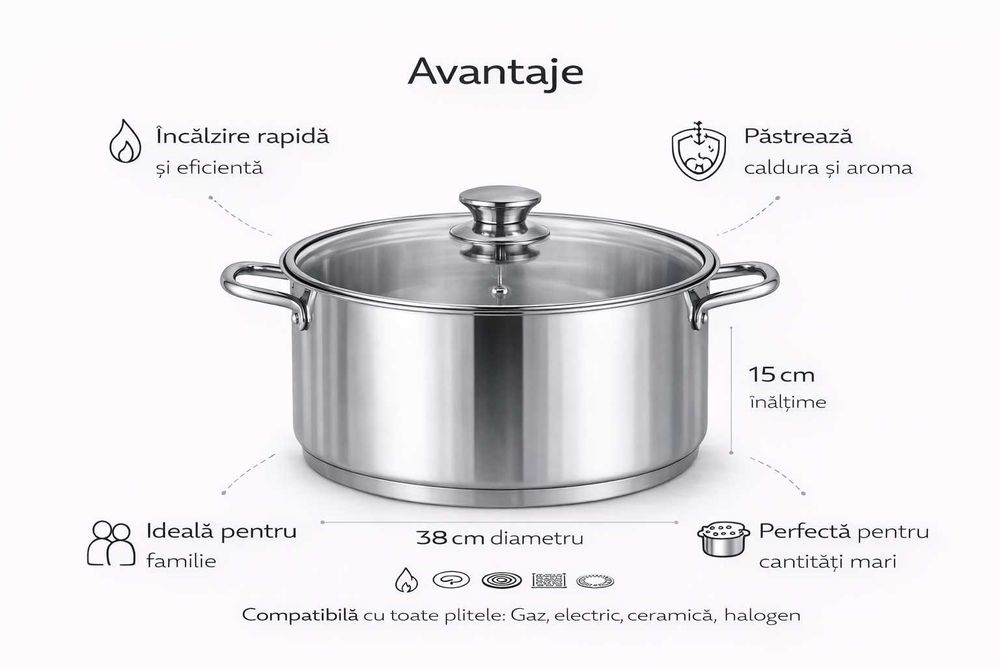 Cratita inox Royalty Line 14L cu capac din sticla 38x15 cm