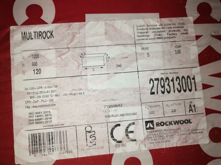 Vata bazaltica Rockwool Multirock de 10 cm. si 12 cm., in baxuri sigilate