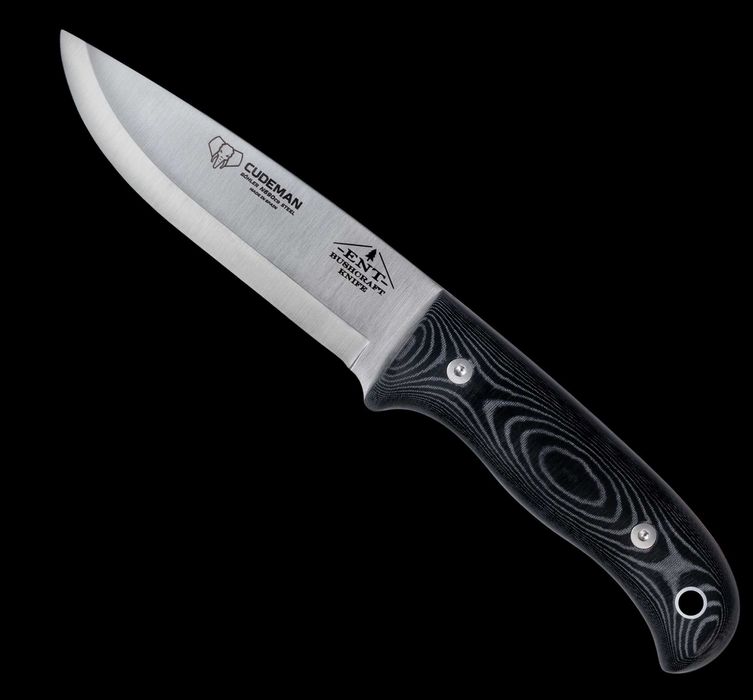 Cutit bushcraft Cudeman Ent, maner micarta neagra, lama otel Bohler N690Co, teaca piele