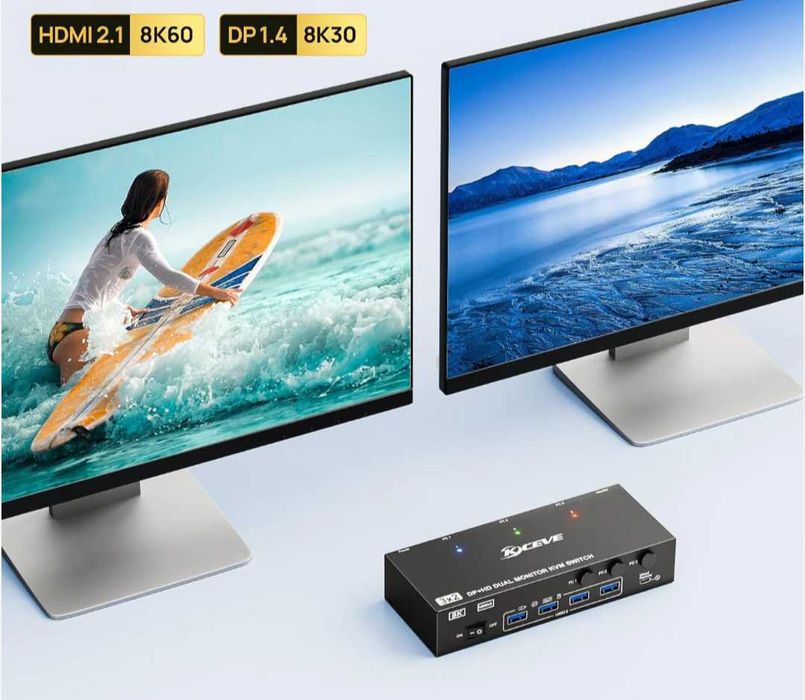 8K 60Hz KVM превключвател за 2 монитора и 3 компютъра Displayport и HDMI 4K 144Hz,KCEVE KVM302DH