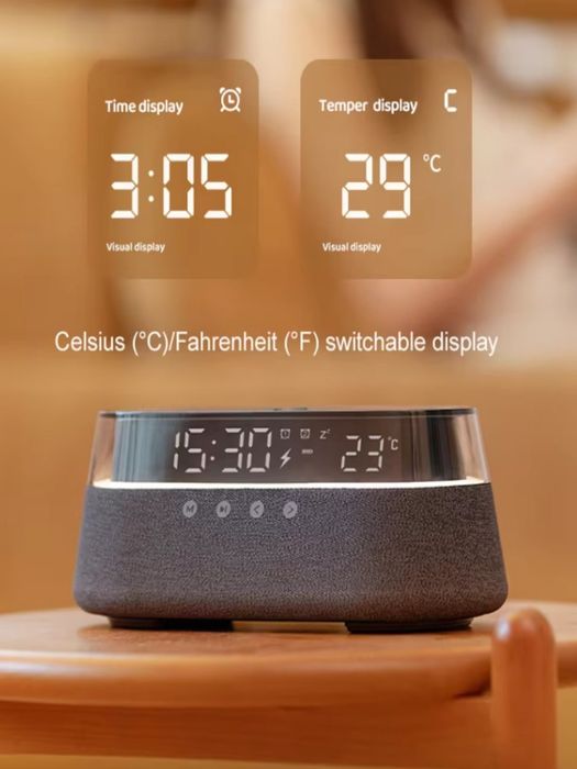 Беспроводная зарядка ,калонка,часы,будилник,FM-радио,RGB-подцветка