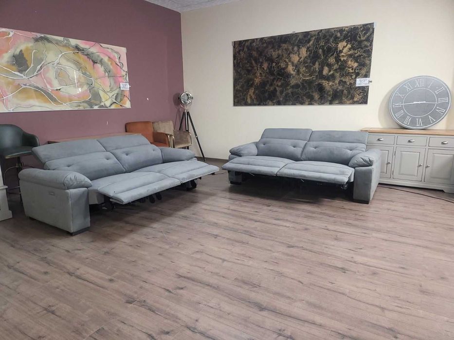 Сив комплект дивани от плат две тройки с ел релакс механизъм