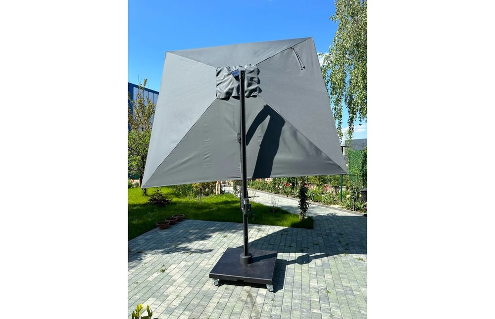 Umbrela de soare 3x3m pentru terasa si gradina, aluminiu, pliabila, culoare gri antracit, include suport granit